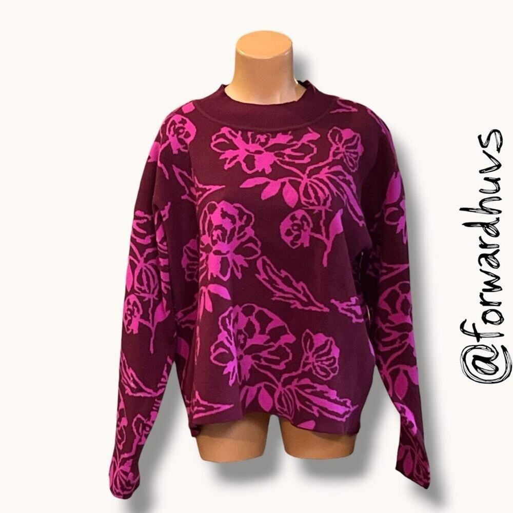 Cyrus Floral Knit Sweater Rayon Blend Purple Pink Crew Neck Large
